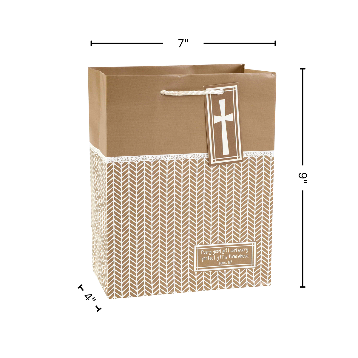 A brown paper gift bag with a white herringbone pattern on the lower half, a white lace band, and a hanging tag with a cross. Black dimension lines and text show the bag is 7 inches wide, 6 inches tall, and 4 inches deep on a white background by CTA Christ to All and CTA Gifts.