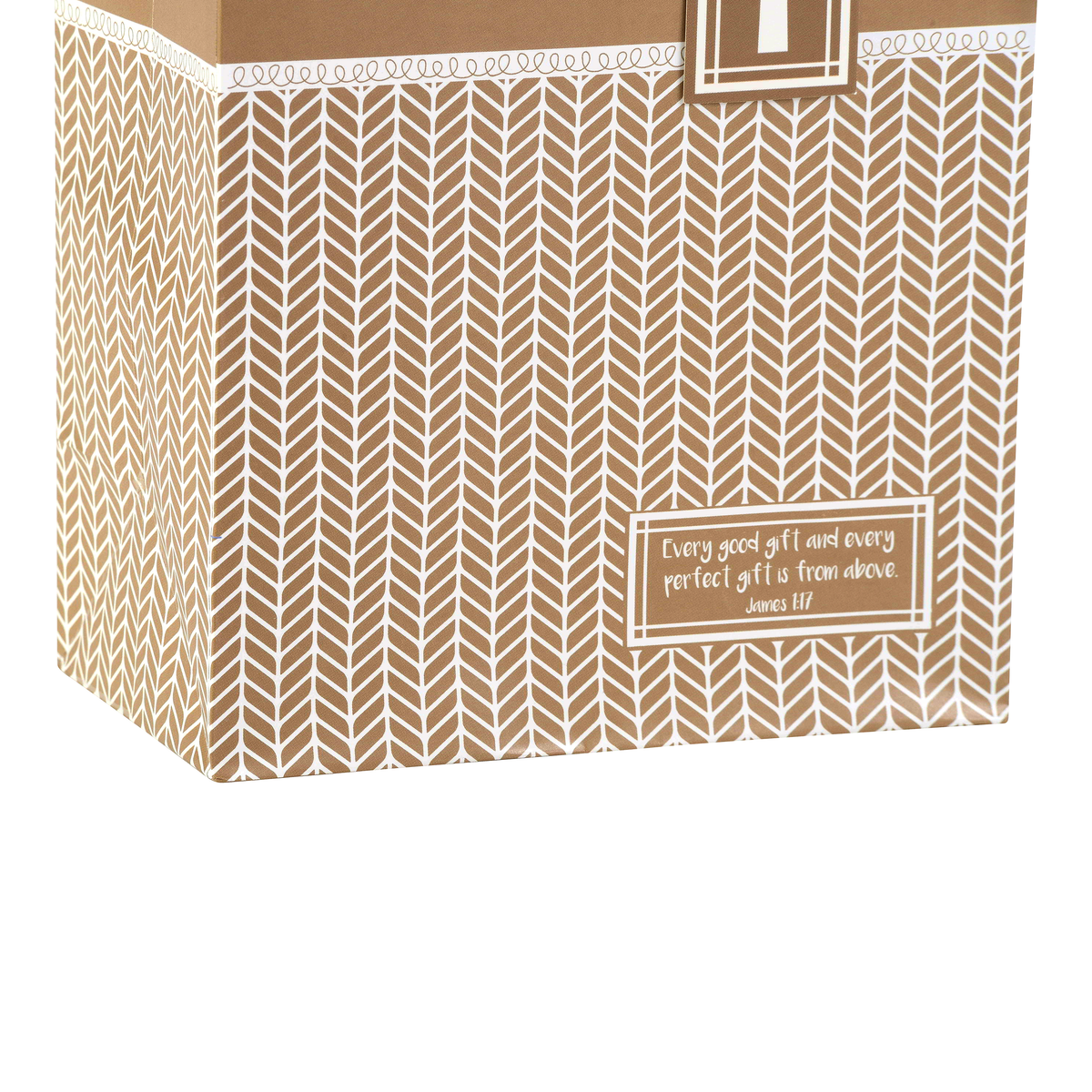 A brown gift box with a white herringbone pattern and a printed biblical quote on the front, photographed against a white background by CTA Christ to All and CTA Gifts.