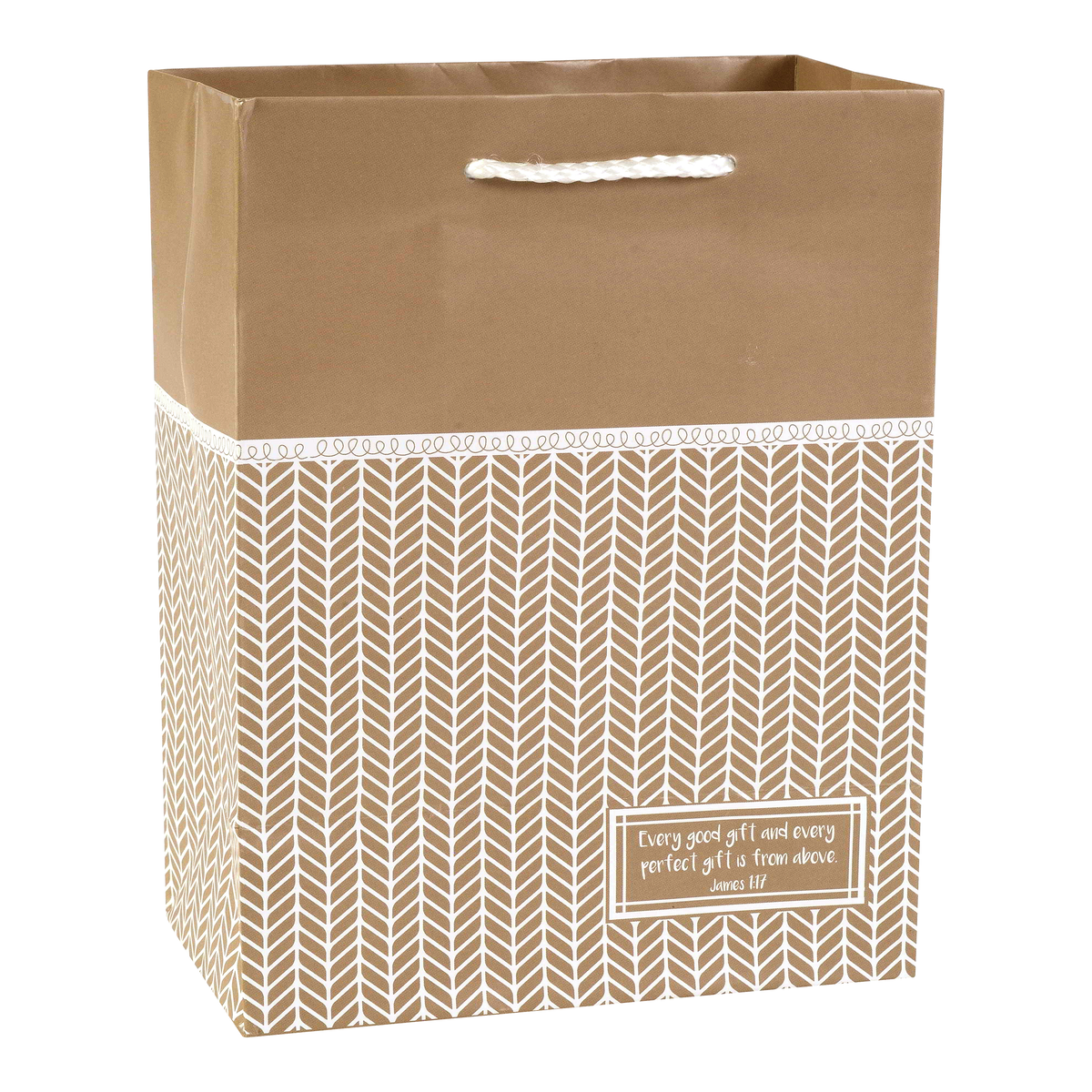 A brown paper gift bag with a white rope handle, featuring a solid brown top section and a lower section with a white herringbone pattern. A small white label on the front reads 'Every good gift and every perfect gift is from above Jesus RT' by CTA Christ to All and CTA Gifts.