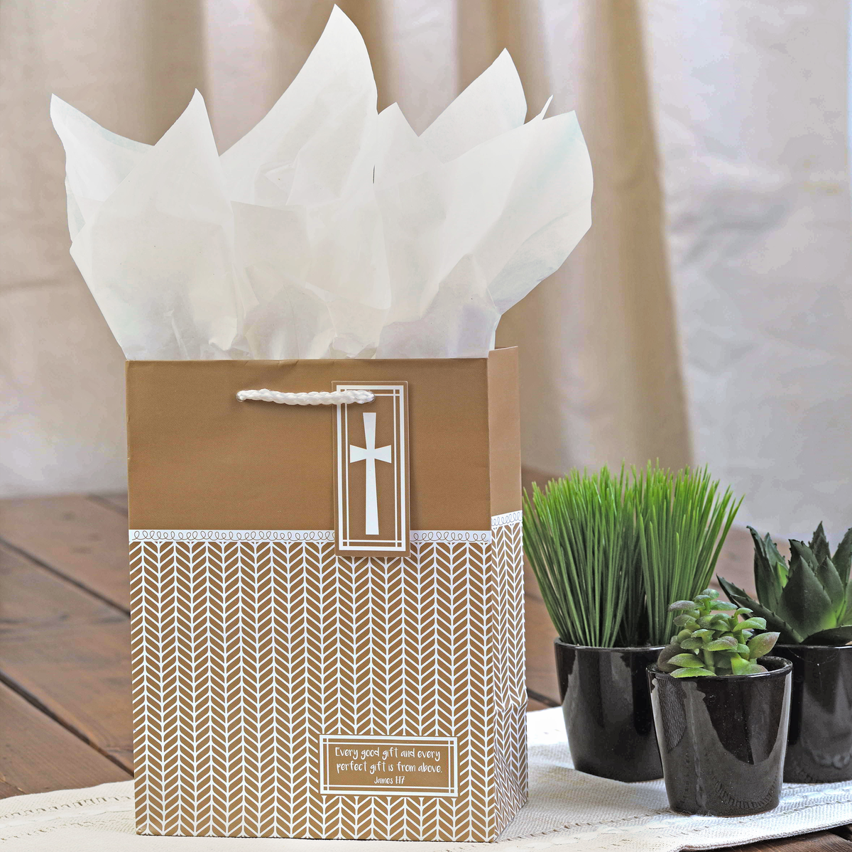 A brown gift bag with a white cross emblem and chevron pattern, filled with white tissue paper and styled on a table next to small potted green plants by CTA Christ to All and CTA Gifts.
