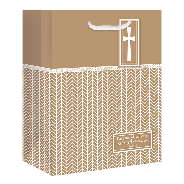 A brown and beige gift bag featuring a white cross on the top panel, a white decorative band, and a herringbone pattern on the lower half. A small label on the front reads, 'Every good gift is every perfect gift from above John III' by CTA Christ to All & CTA Gifts.