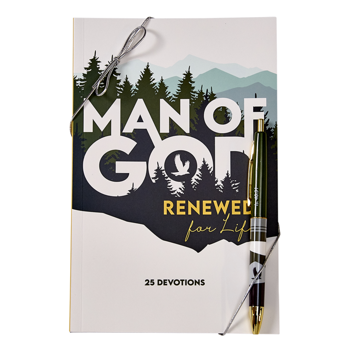 A devotional book titled 'Man of God Renewed for Life: 25 Devotions' with a forest and mountain illustration on the cover, shown with a black and gold pen and a silver string on a white background by CTA Christ to All & CTA Gifts.