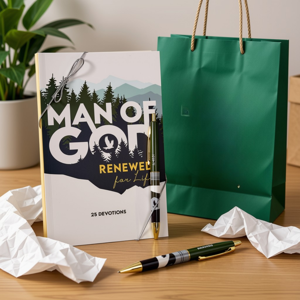A boxed devotional book titled "Man of God Renewed for Life" stands on a wooden table beside a green paper shopping bag, with crumpled white paper around it and a pen in front. A potted plant is visible in the background by CTA Christ to All and CTA Gifts.