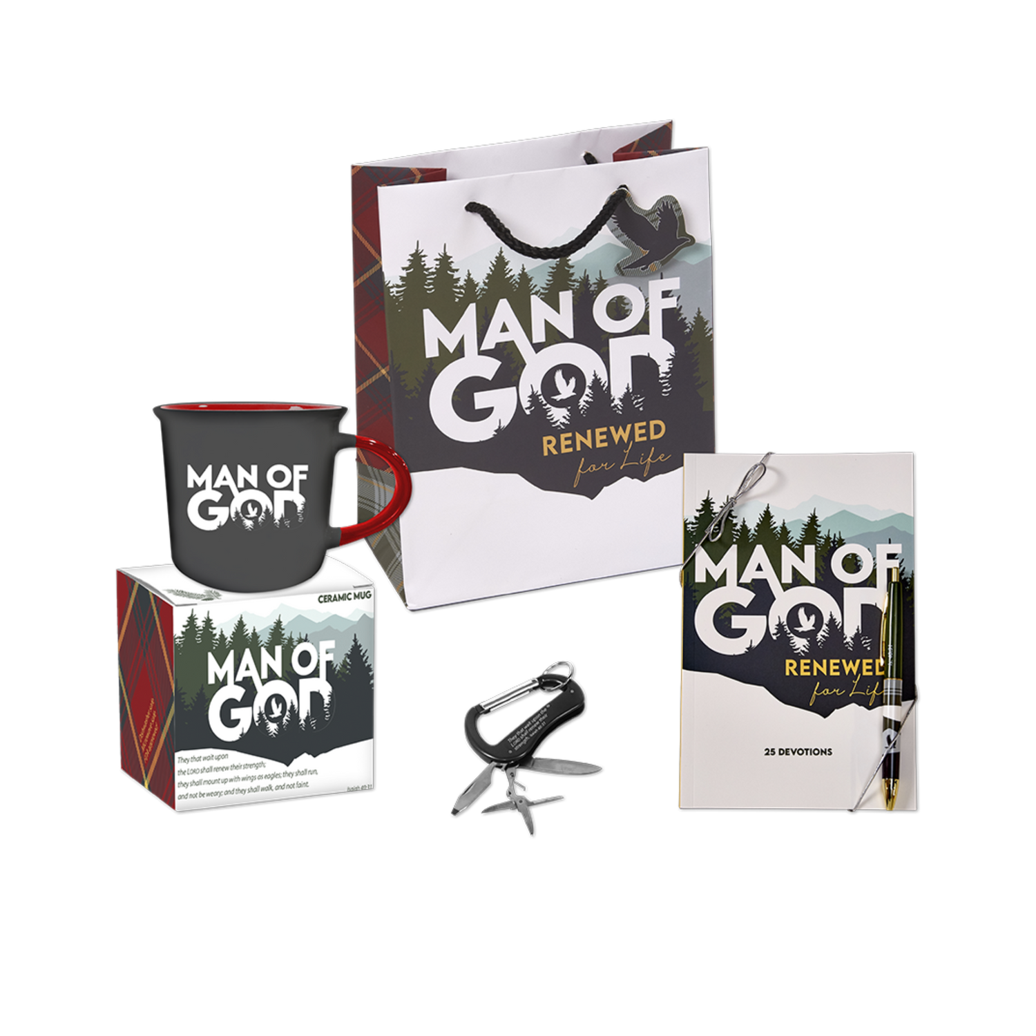 Man of God Renewed for Life Gift Set with Mug & Gift Box, Gift Bag, Multi Tool, & Devotion Set