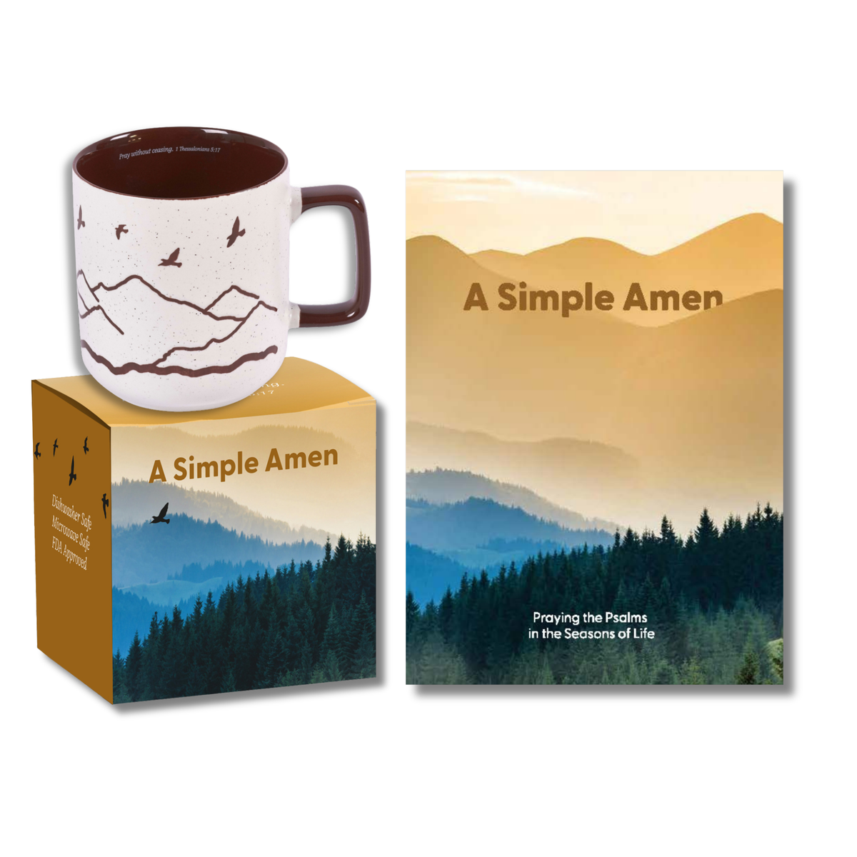 A Simple Amen gift set featuring a ceramic mug with a brown interior and mountain design, a matching book or booklet with a mountain landscape cover, and a brown box labeled 'A Simple Amen' by CTA Christ to All & CTA Gifts