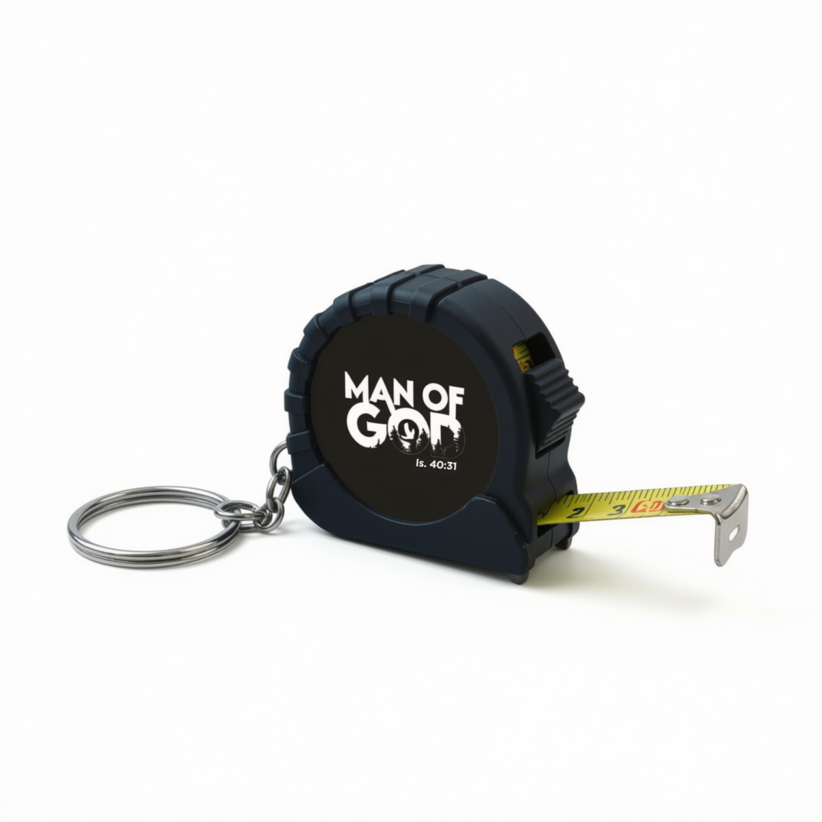 A miniature black tape measure keychain with a yellow measuring tape extension, featuring the white text 'MAN OF GOD' and 'N. 4021' on its face, complete with a silver split key ring, set against a plain white background by CTA Christ to All & CTA Gifts.