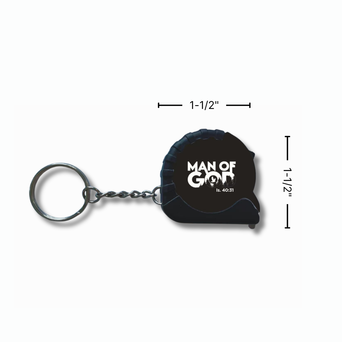 A black tape measure keychain with a silver split ring and chain, featuring the white text 'MAN OF GOD Is. 40:31' on the tape face by CTA Christ to All and CTA Gifts.