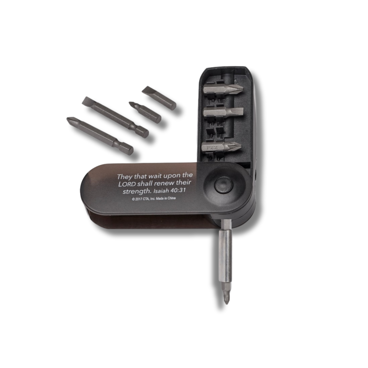 A compact black multi-tool screwdriver set with four interchangeable bits displayed beside the open tool case on a white background. The case has white printed text on the lid by CTA Christ to All & CTA Gifts.