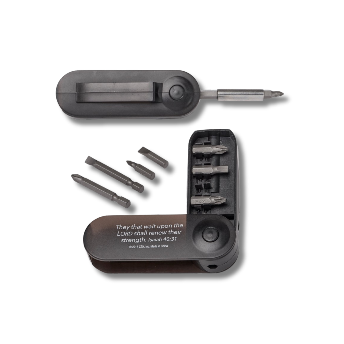 A compact black multi-tool screwdriver set shown open on a white background, with the main tool at the top, four small screwdriver bits below, and the bit holder at the bottom. The tool has a Bible verse printed on the side by CTA Christ to All & CTA Gifts.