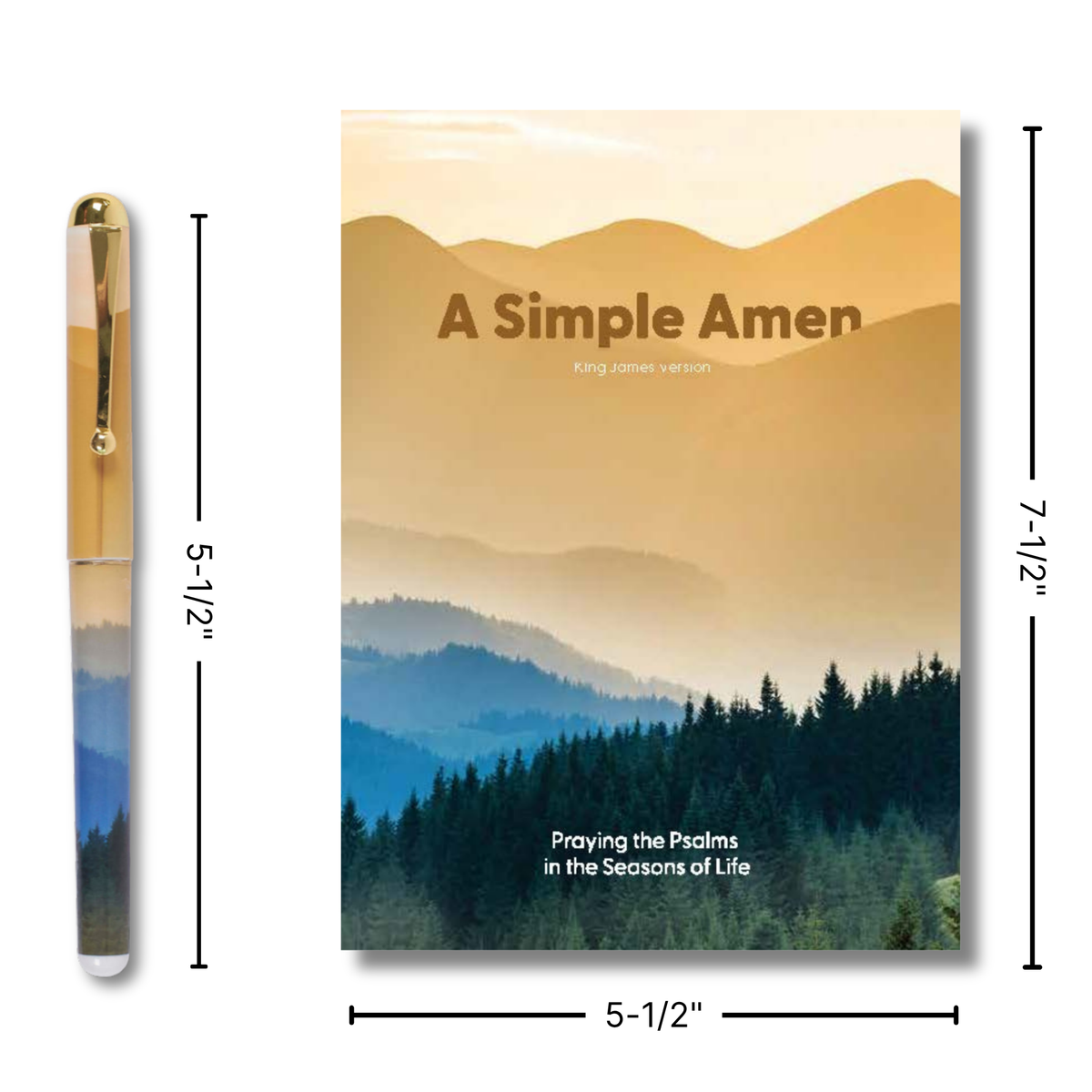 A simple amen journal with a scenic mountain and forest cover, shown next to a gold pen on a white background with dimension lines indicating 5-1/2 inches by 7-1/2 inches by CTA Christ to All and CTA Gifts.