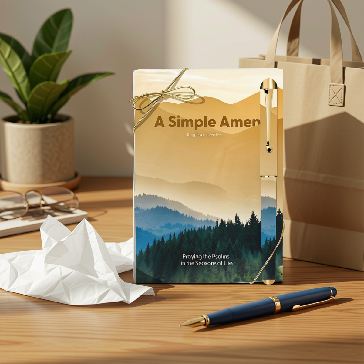 A greeting card or book-style paper product standing on a wooden desk, wrapped with a thin ribbon and tied with a gold pen. The cover shows a mountain-and-trees landscape and the title 'A Simple Amen by CTA Christ to All and CTA Gifts.
