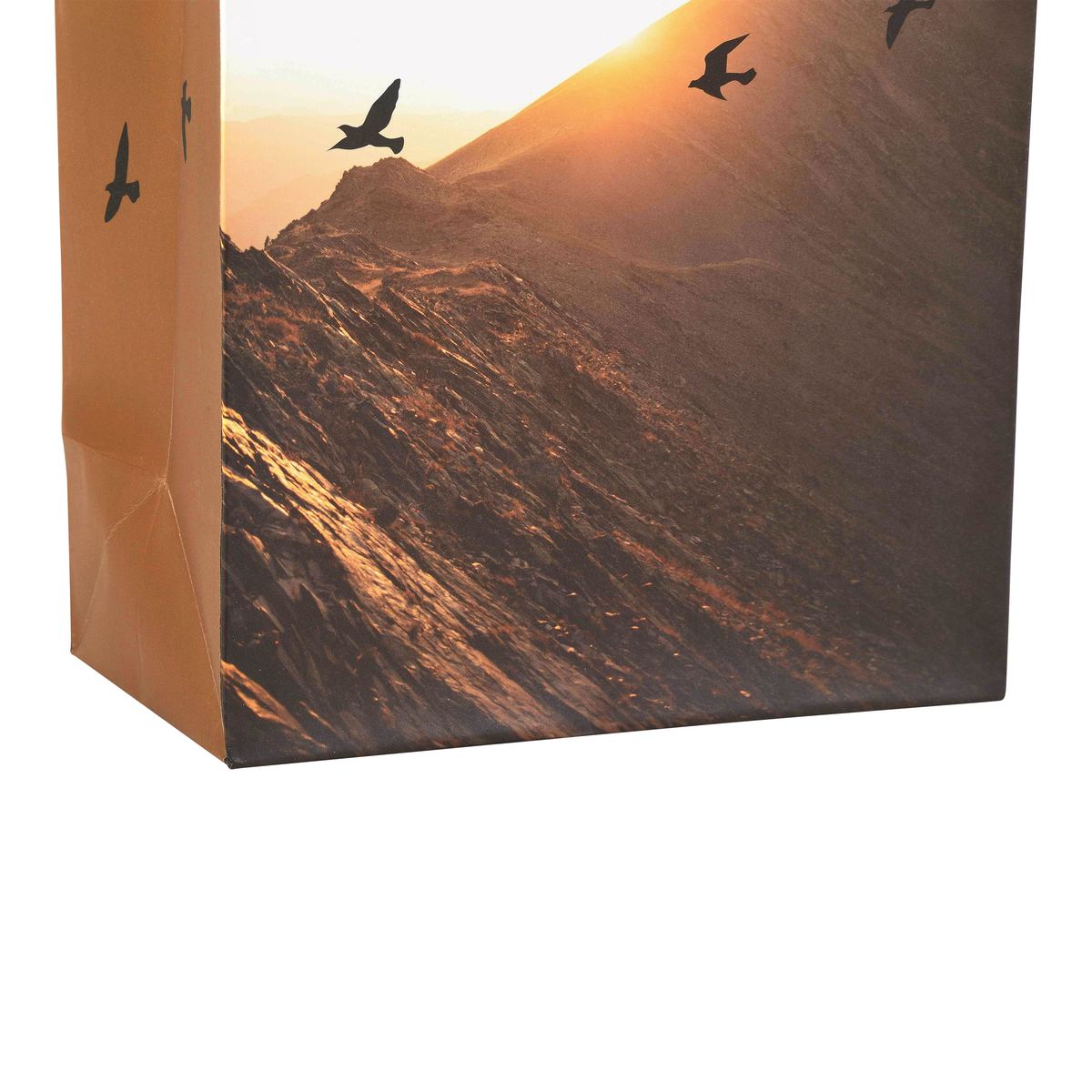 A brown paper gift bag featuring a printed scenic photograph of a mountain sunset with flying birds on the front panel, shown against a plain white background by CTA Christ to All and CTA Gifts.