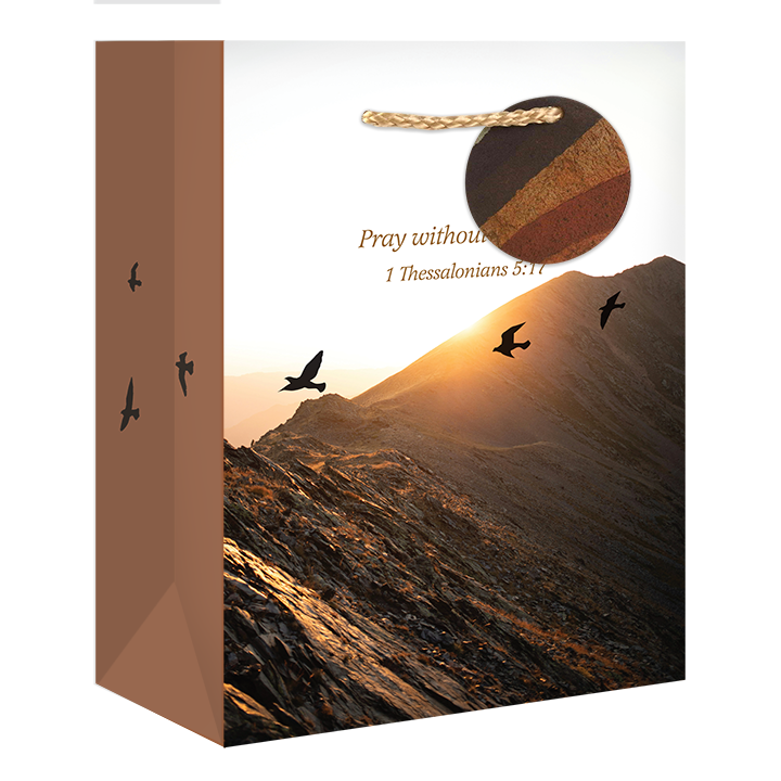 A brown paper gift bag featuring a scenic mountain landscape print with birds and a sunset, complete with a cork tag and rope handle by CTA Christ to All & CTA Gifts.