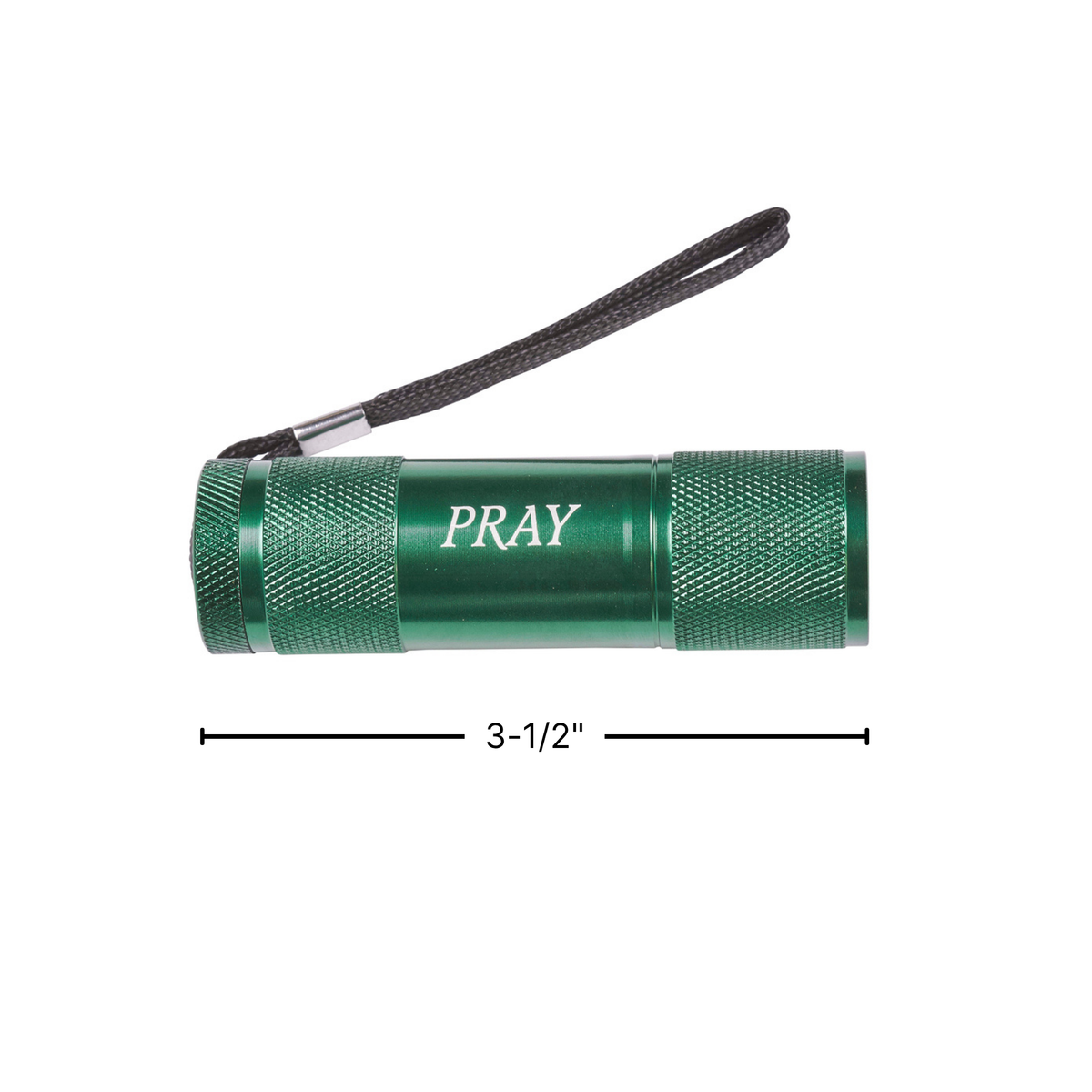 A green cylindrical prayer flashlight with a black wrist strap, shown on a white background with a dimension line indicating a length of 3-1/2 inches. The word 'PRAY' is printed on the front by CTA Christ to All and CTA Gifts.