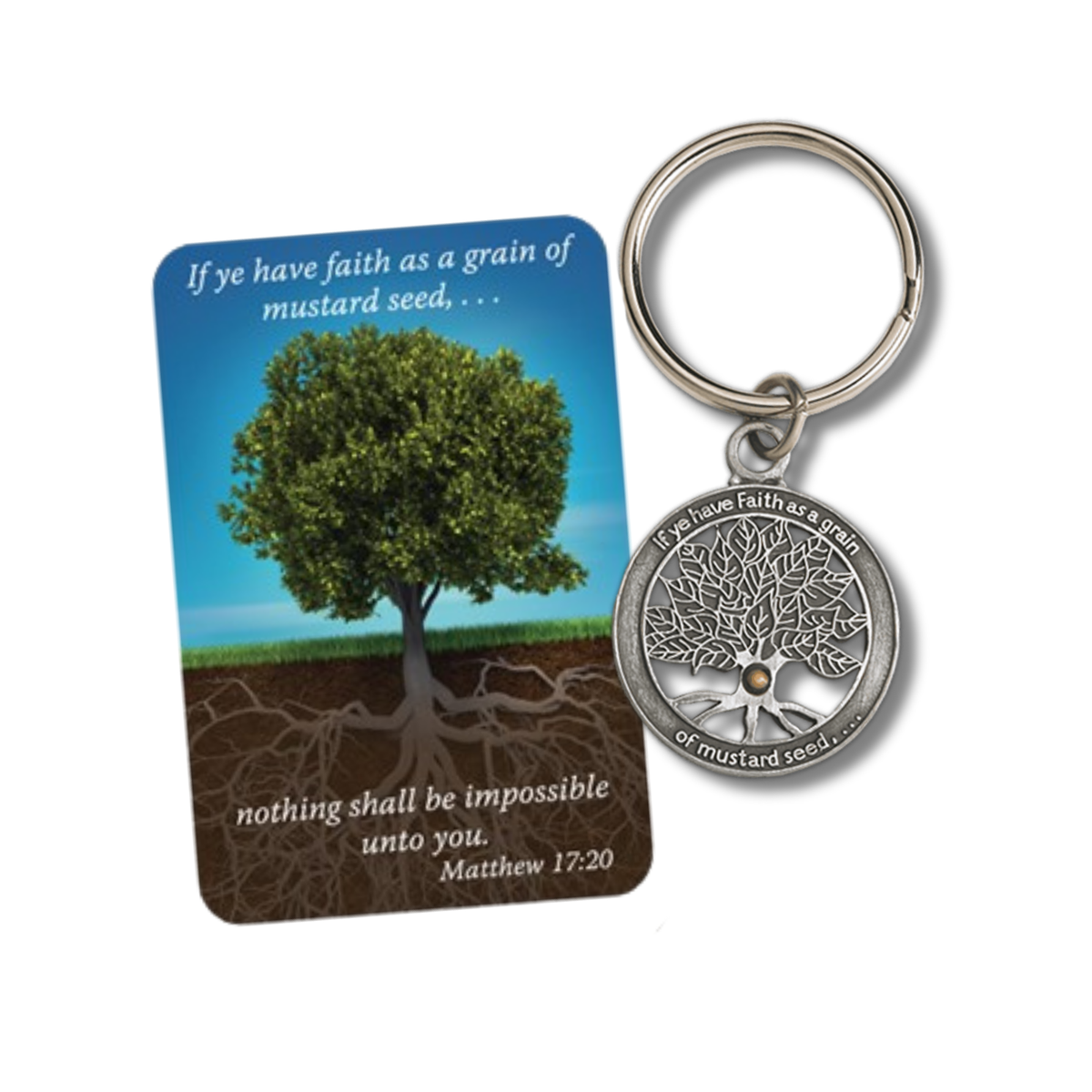 Pewter-Finish Key Chain & Reminder Card - KJV - Faith the Size of a Mustard Seed