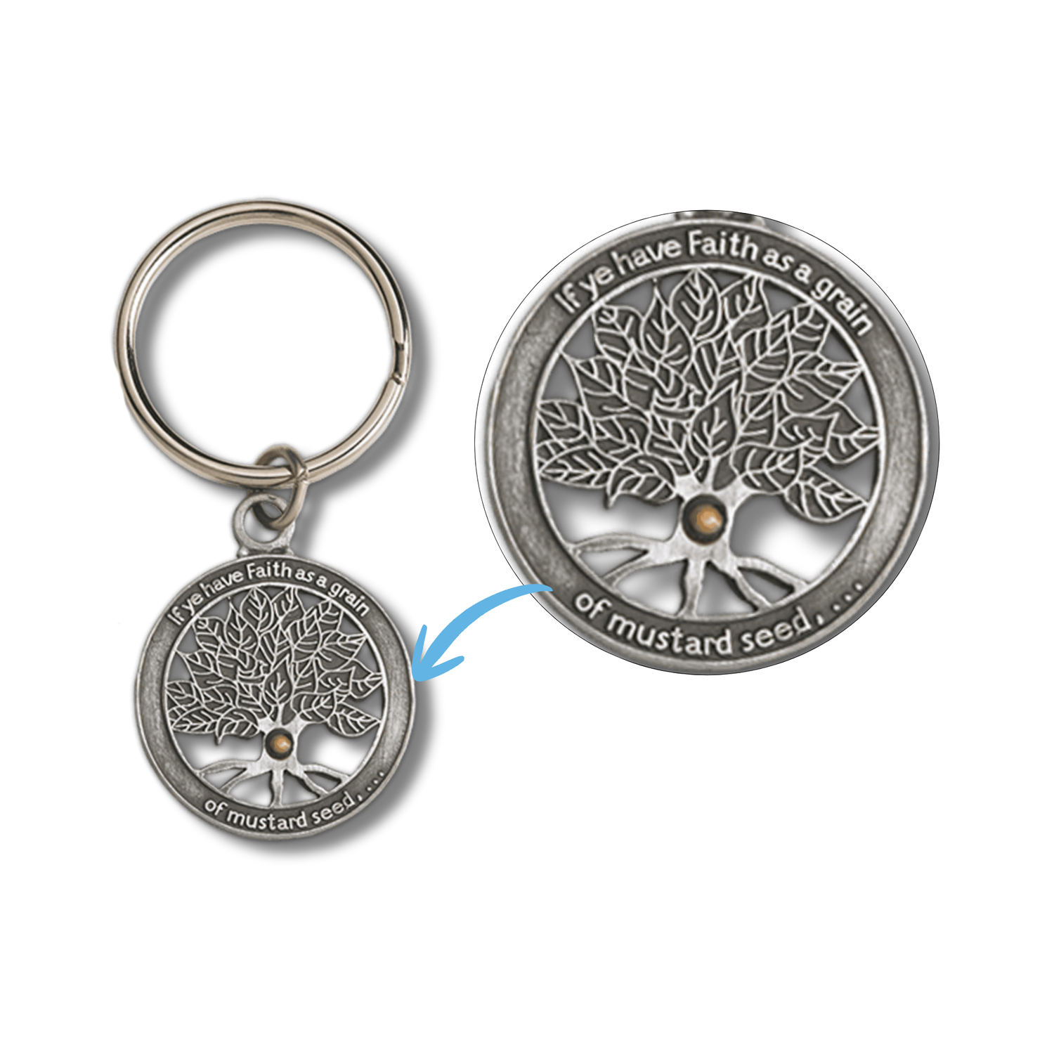 Pewter-Finish Key Chain & Reminder Card - KJV - Faith the Size of a Mustard Seed