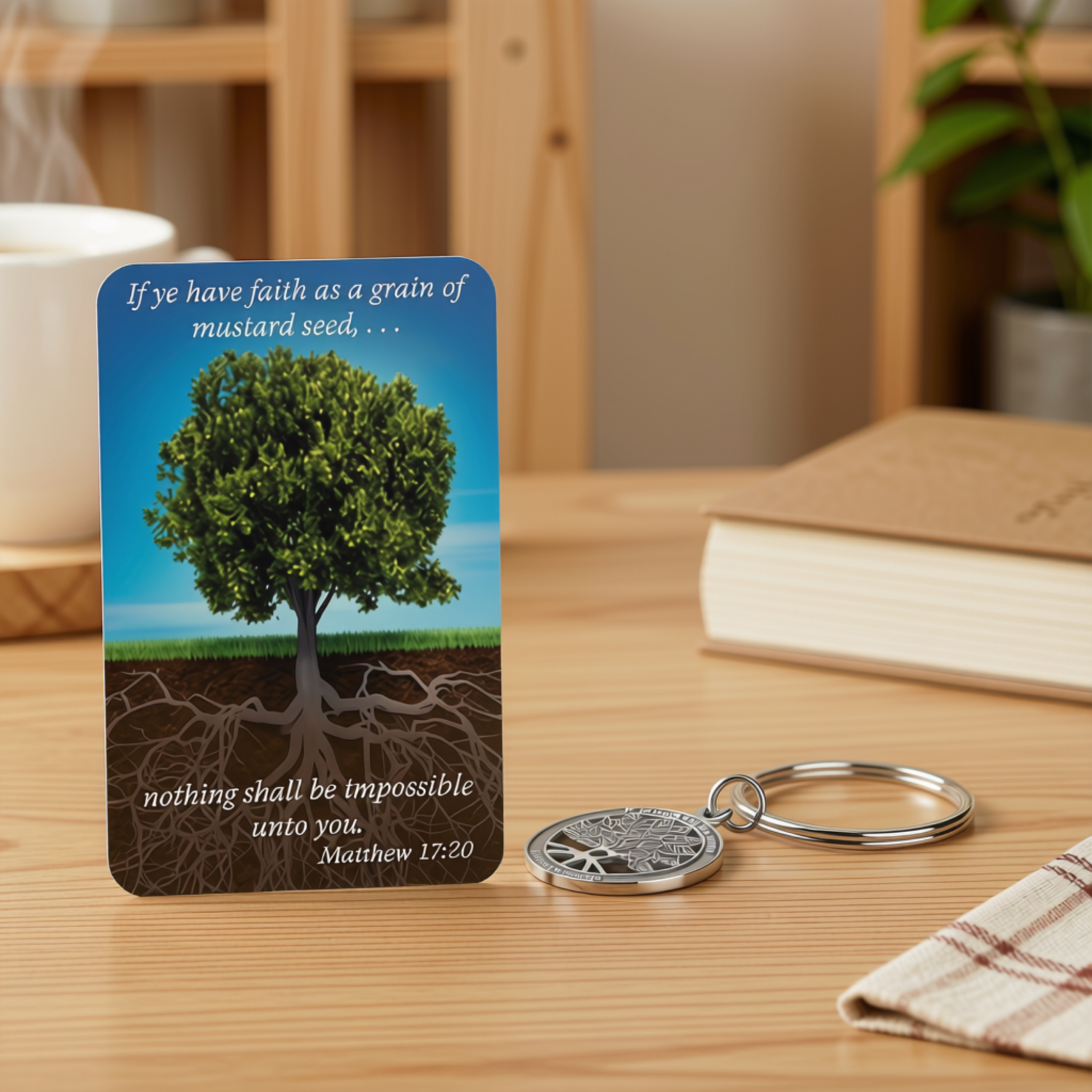 Pewter-Finish Key Chain & Reminder Card - KJV - Faith the Size of a Mustard Seed
