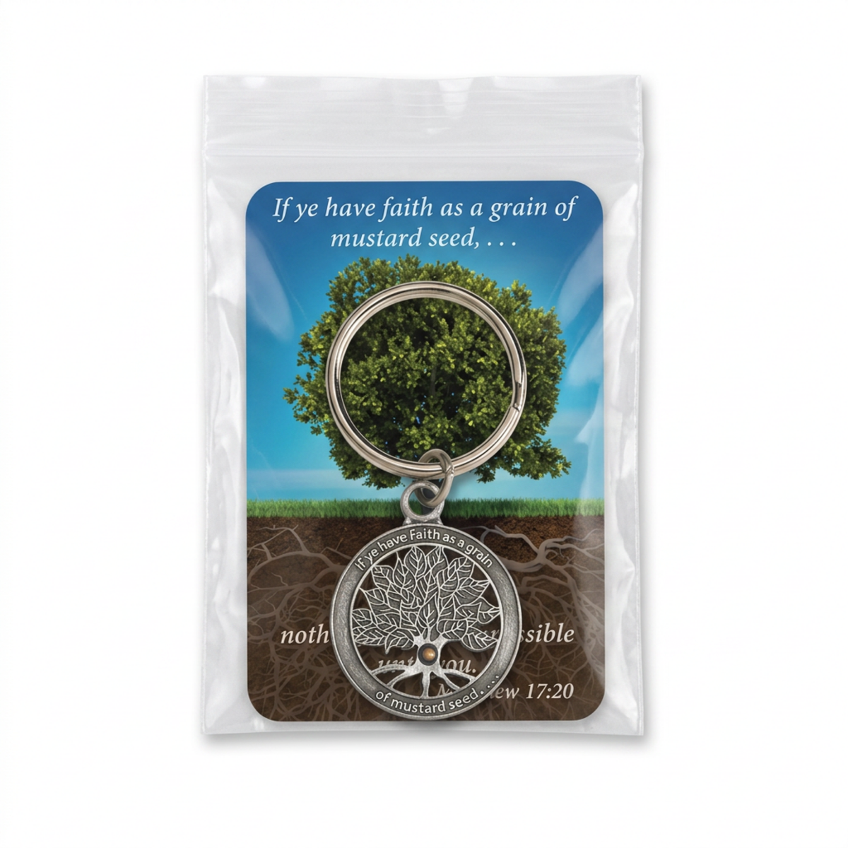 Pewter-Finish Key Chain & Reminder Card - KJV - Faith the Size of a Mustard Seed