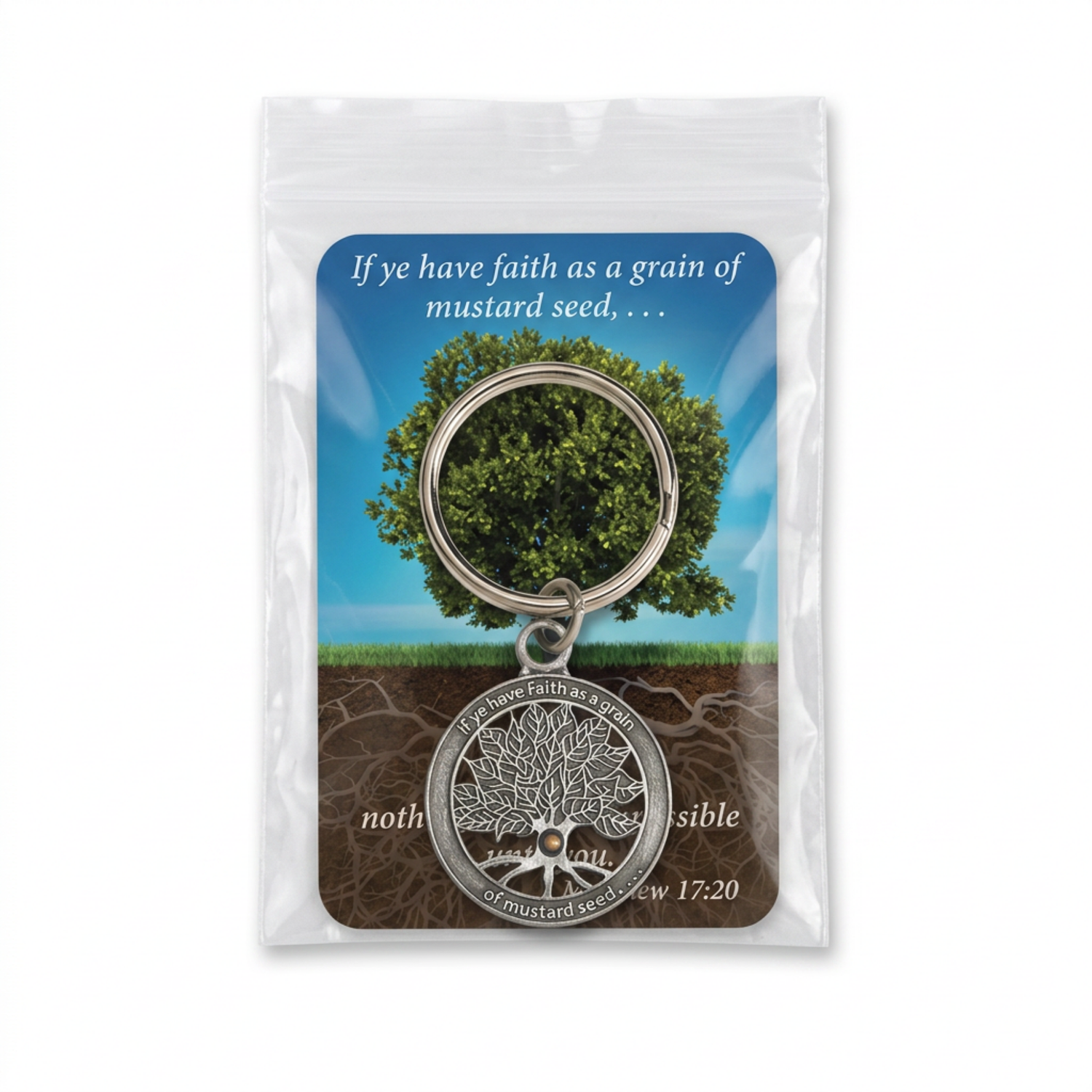 Pewter-Finish Key Chain & Reminder Card - KJV - Faith the Size of a Mustard Seed