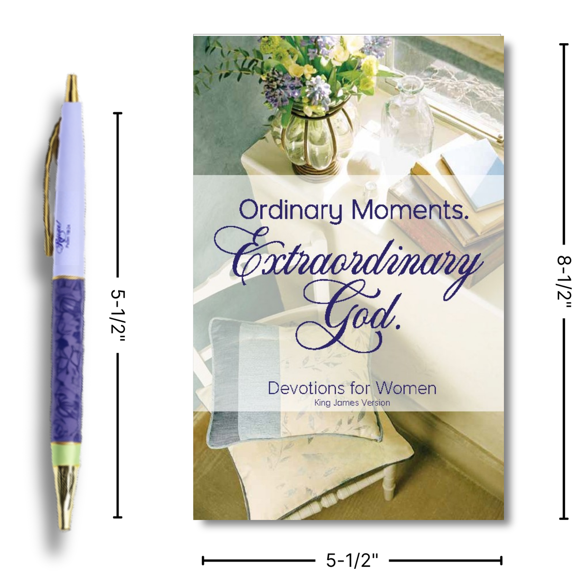 A devotional book cover shown next to a pen, with dimension lines indicating the book is 5-1/2 inches by 8-1/2 inches. The cover reads 'Ordinary Moments by CTA Christ to All.