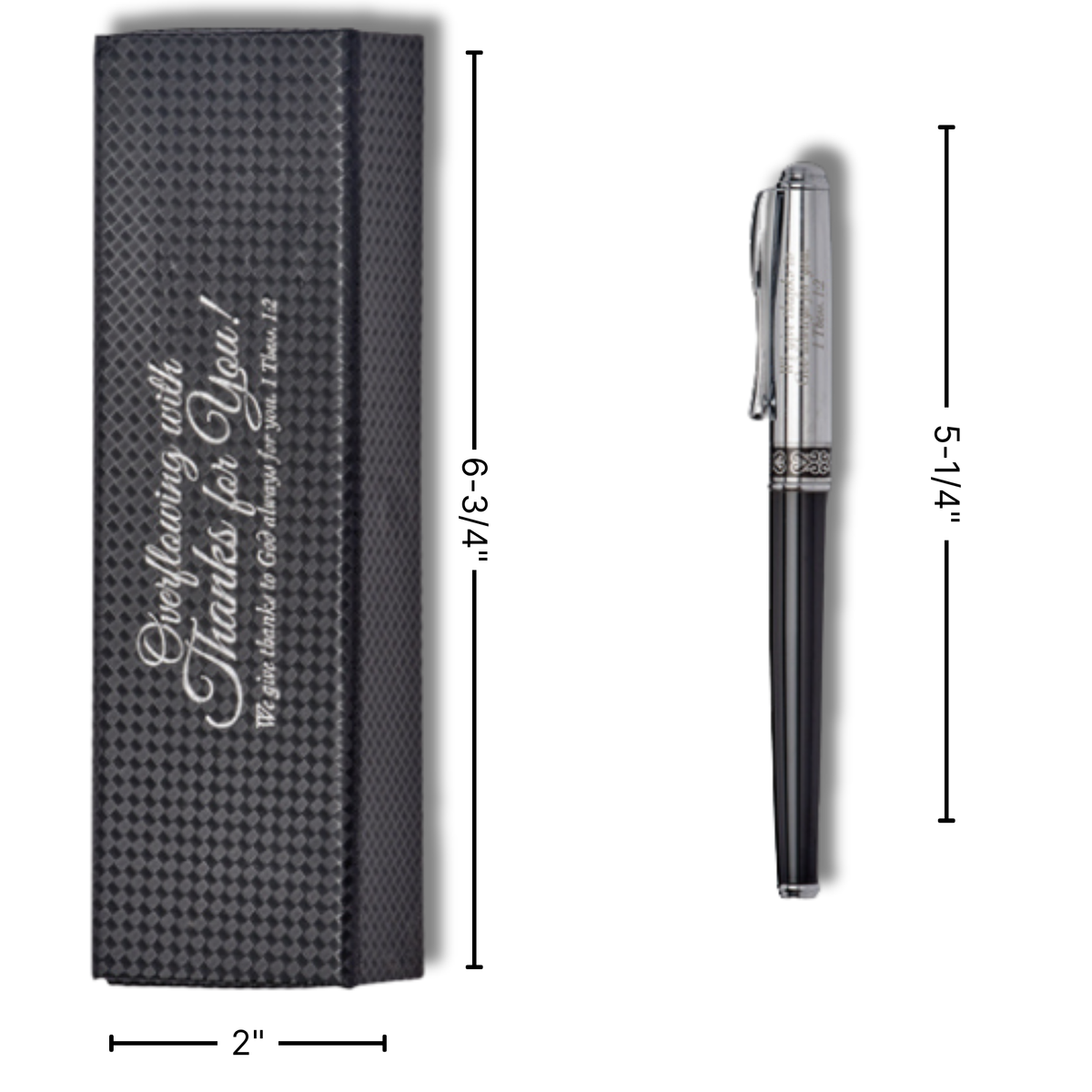 A black pen and its matching textured gift box shown on a white background with dimension lines and labels indicating height and width.