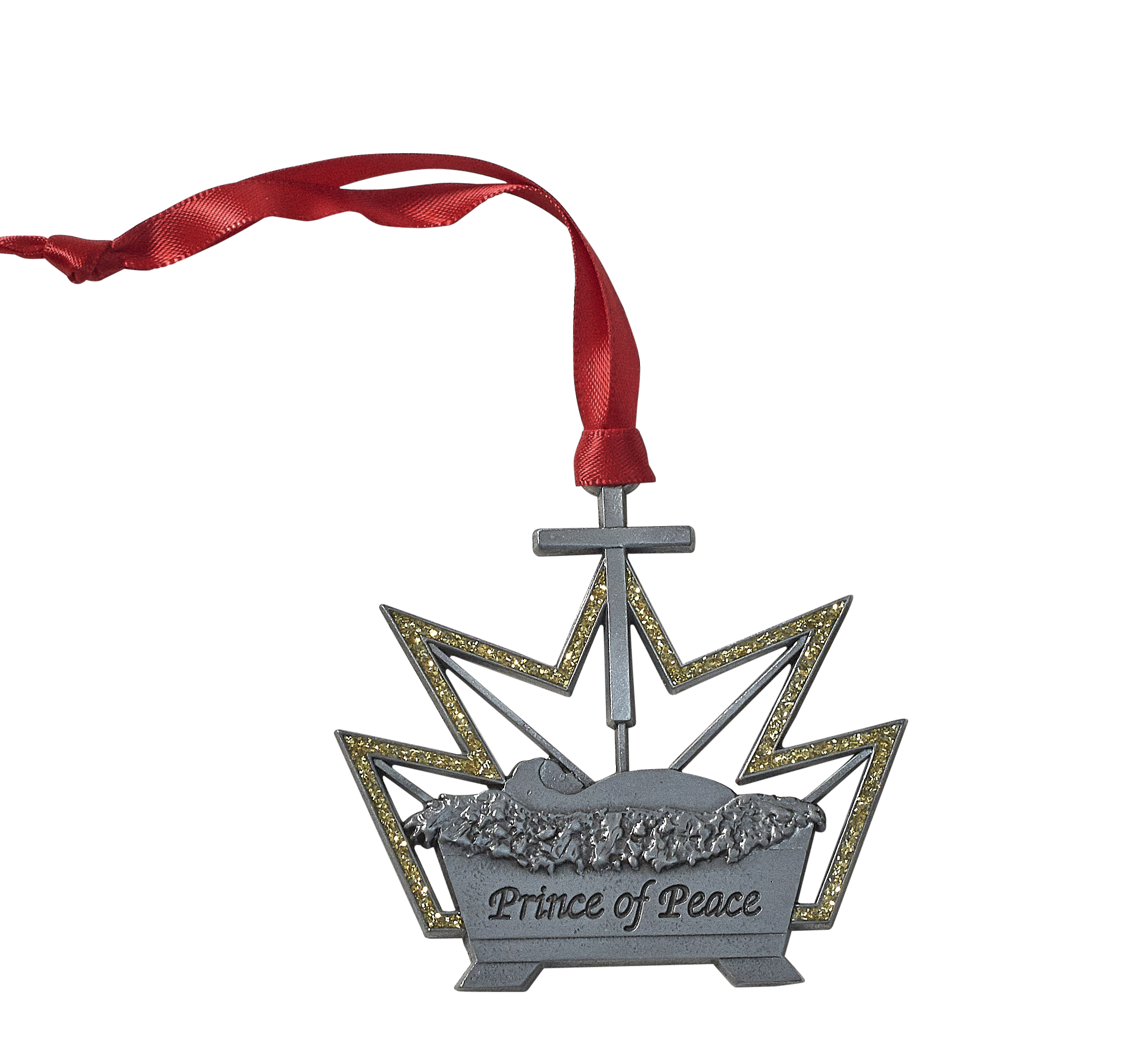 Decorative Christmas ornament with 'Prince of Peace' text and red ribbon on a white background