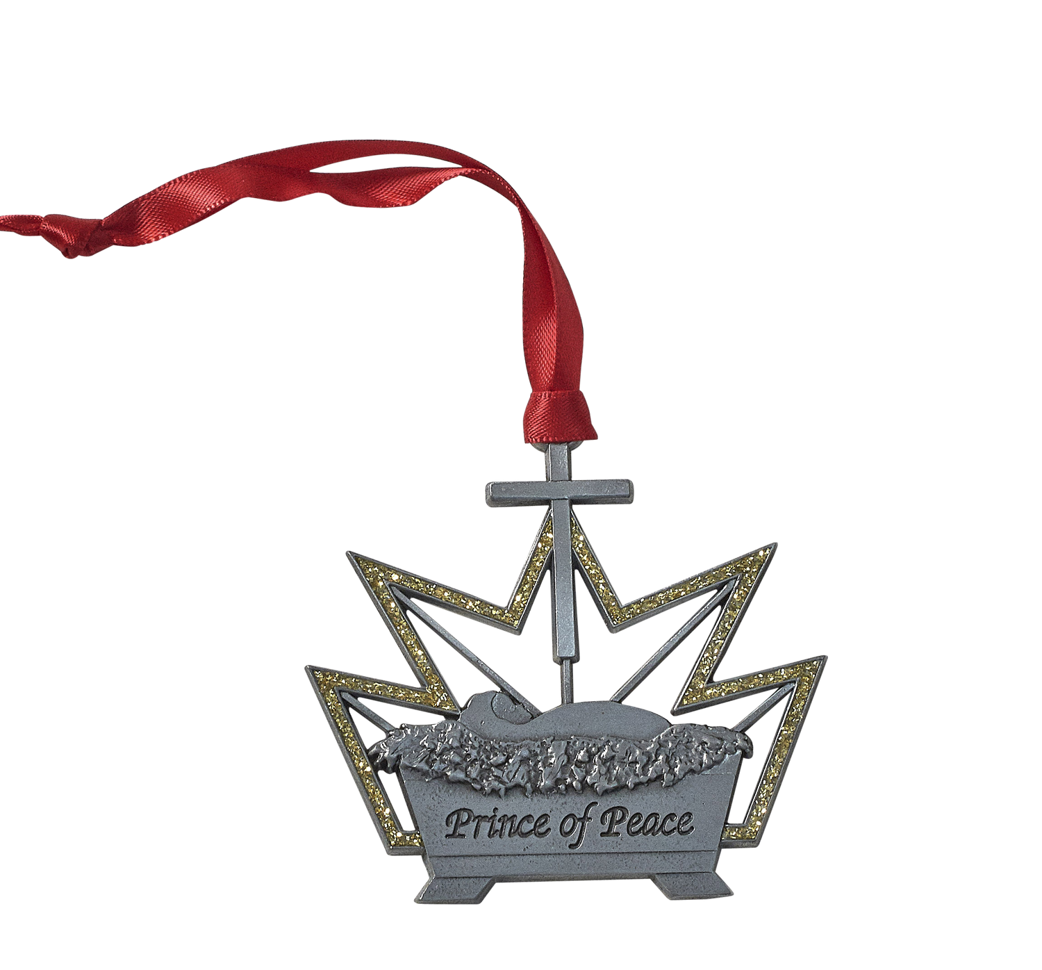 Decorative Christmas ornament with 'Prince of Peace' text and red ribbon on a white background