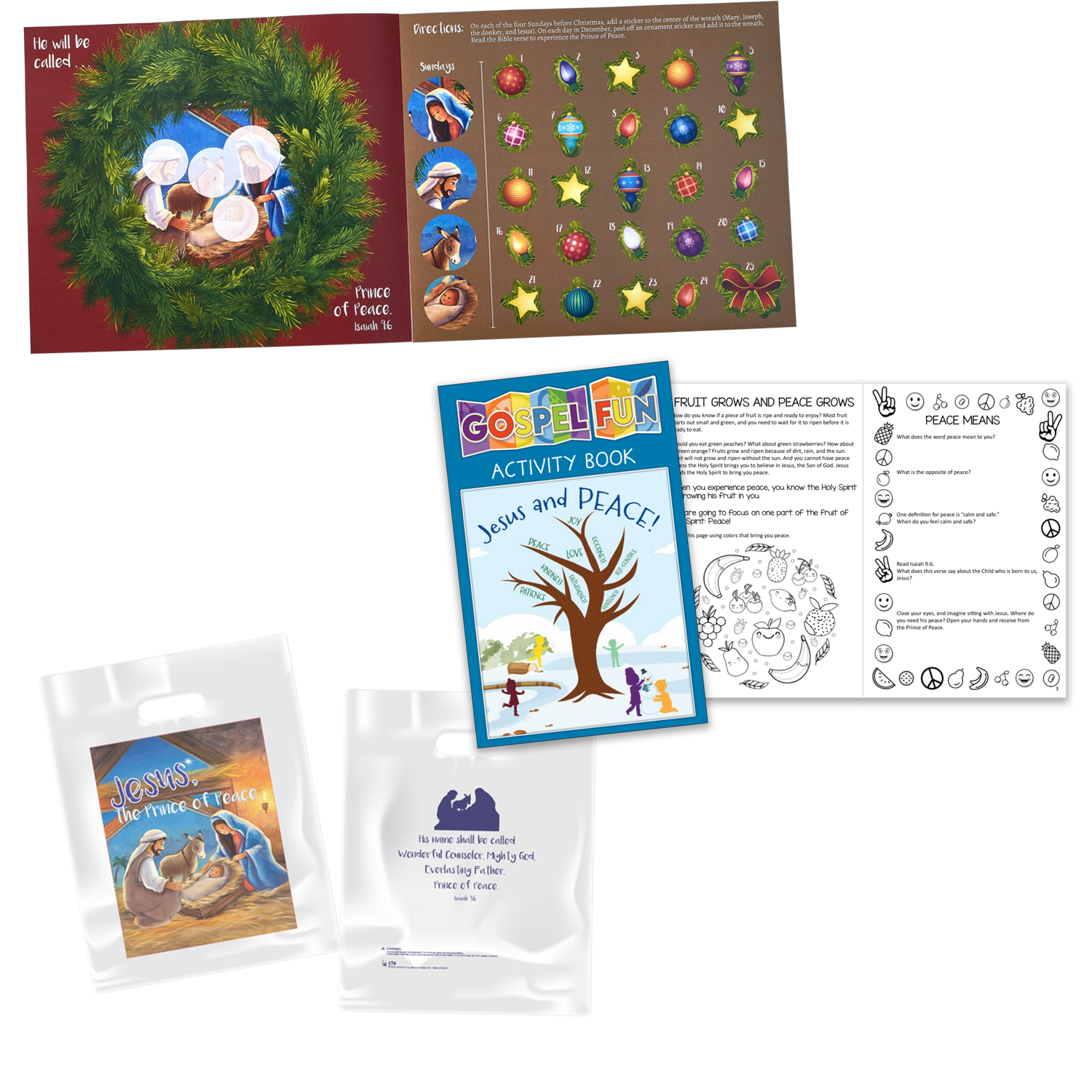 Advent activity set for elementary kids, featuring a Countdown to Christmas family activity, 16-page Gospel Fun activity book (5¼" x 8¼"), and 9" x 12" goodie bag—perfect for engaging kids in Scripture and the story of Jesus’ birth.
615122-17554-5
