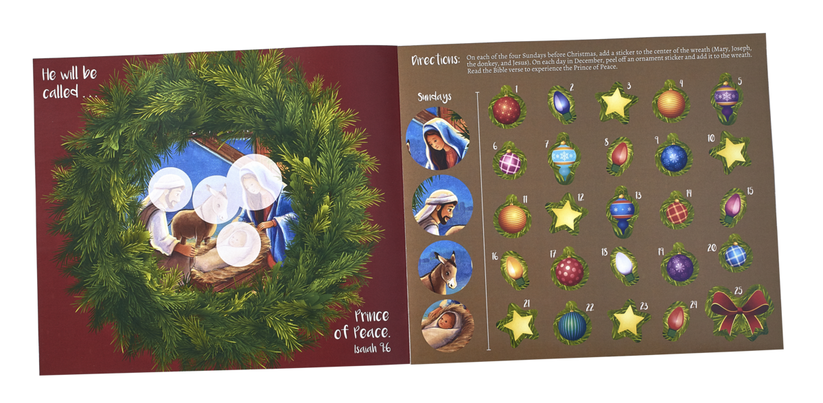 Countdown to Christmas family activity for elementary kids, featuring a full-color 8¼" x 7" wreath with daily Bible verses and sticker activities to explore the peace Jesus brings.
615122-17543-9