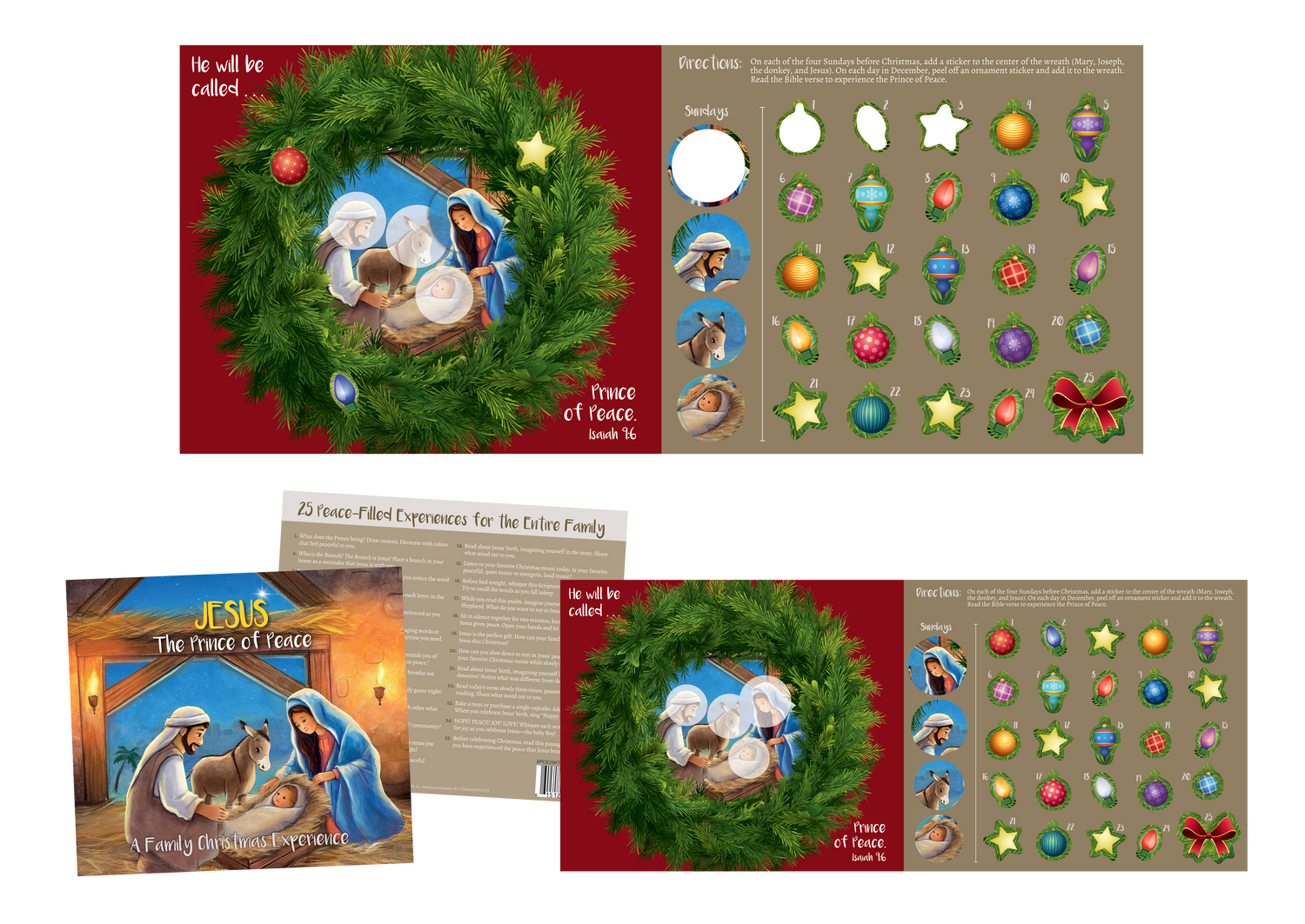 Countdown to Christmas family activity for elementary kids, featuring a full-color 8¼" x 7" wreath with daily Bible verses and sticker activities to explore the peace Jesus brings.
615122-17543-9