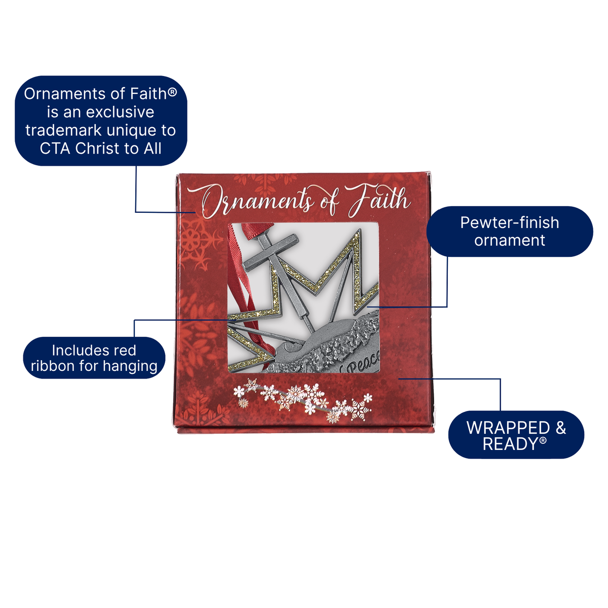 Ornaments of Faith® - KJV - Jesus, the Prince of Peace. This beautifully designed pewter-finish ornament honors Jesus as the Prince of Peace and offers a meaningful way to share the Christmas story to ministry staff, volunteers, and community members. The glittering gold crown proclaims Jesus as Prince, while the manger shows his humble, gentle nature.