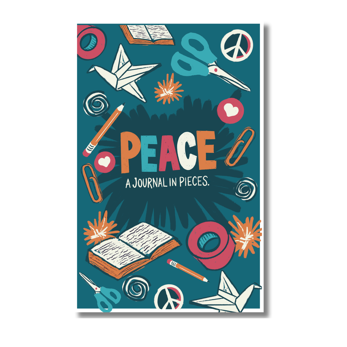 Book cover titled 'Peace: A Journal in Pieces' with colorful illustrations on a blue background by CTA Christ to All & CTAKids.