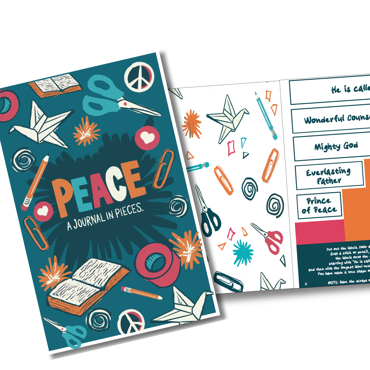 Journal titled 'Peace: A Journal in Pieces' with colorful illustrations on a white background by CTA Christ to All & CTAKids.
