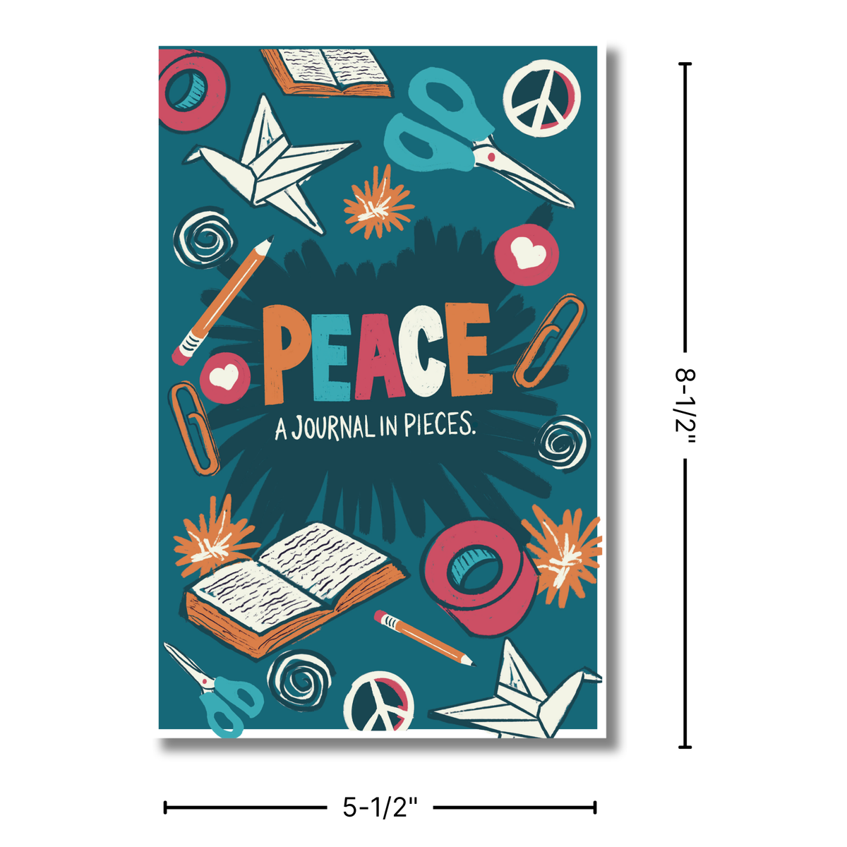 Journal cover with 'PEACE' and illustrations, size dimensions shown by CTA Christ to All and CTAKids.