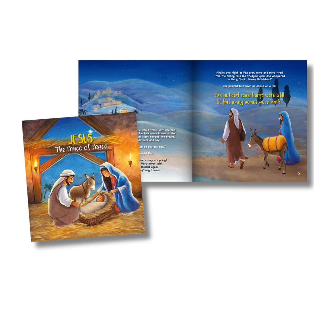 Children's book open to a page with a nativity scene and another with a shepherd and donkey by CTA Christ to All & CTAKids.