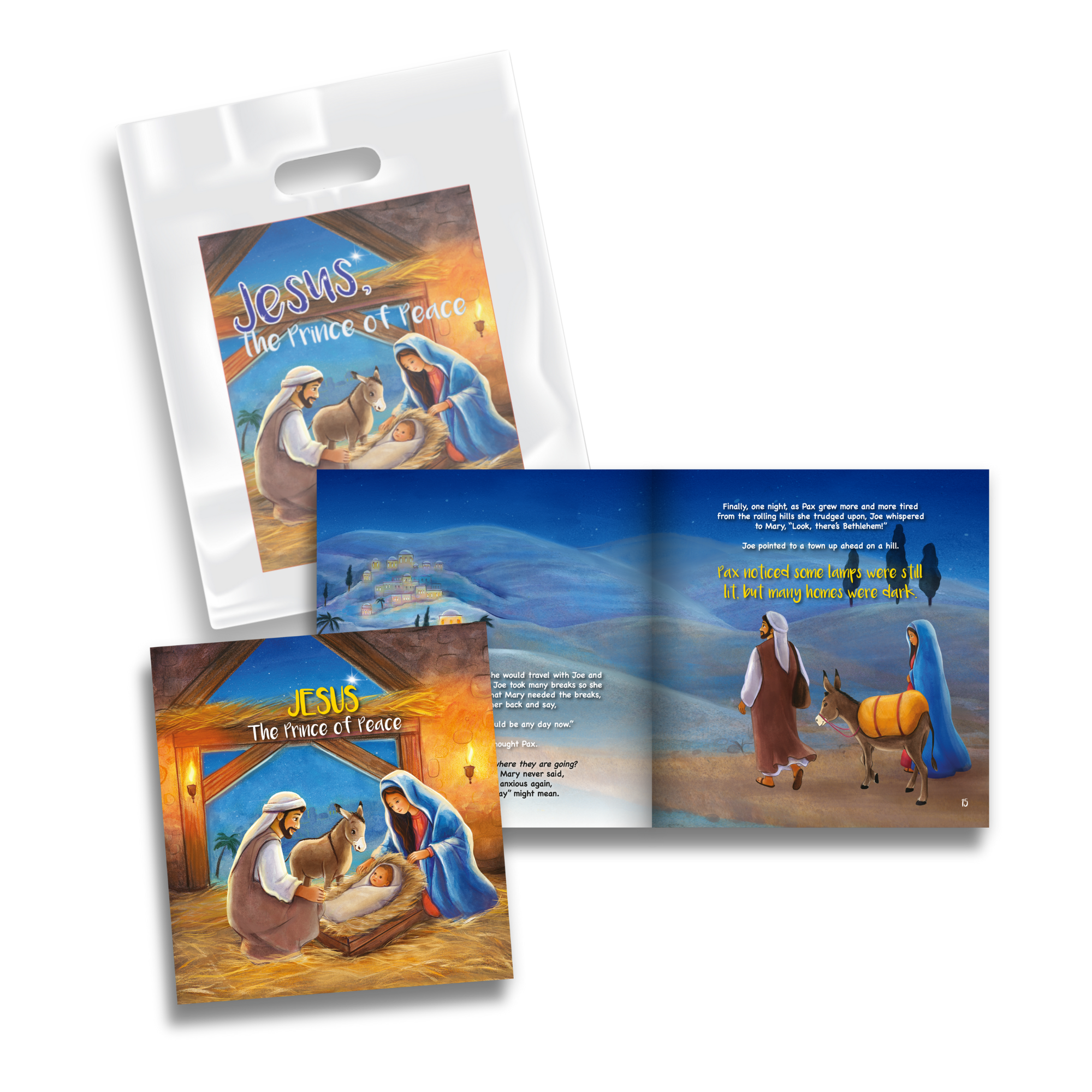 Christmas set for kids ages 4–8, including a 24-page, 8½" x 8" softcover book about Jesus, the Prince of Peace, and a 9" x 12" coordinating goodie bag—perfect for ministry handouts or gifts.
615122-17553-8
