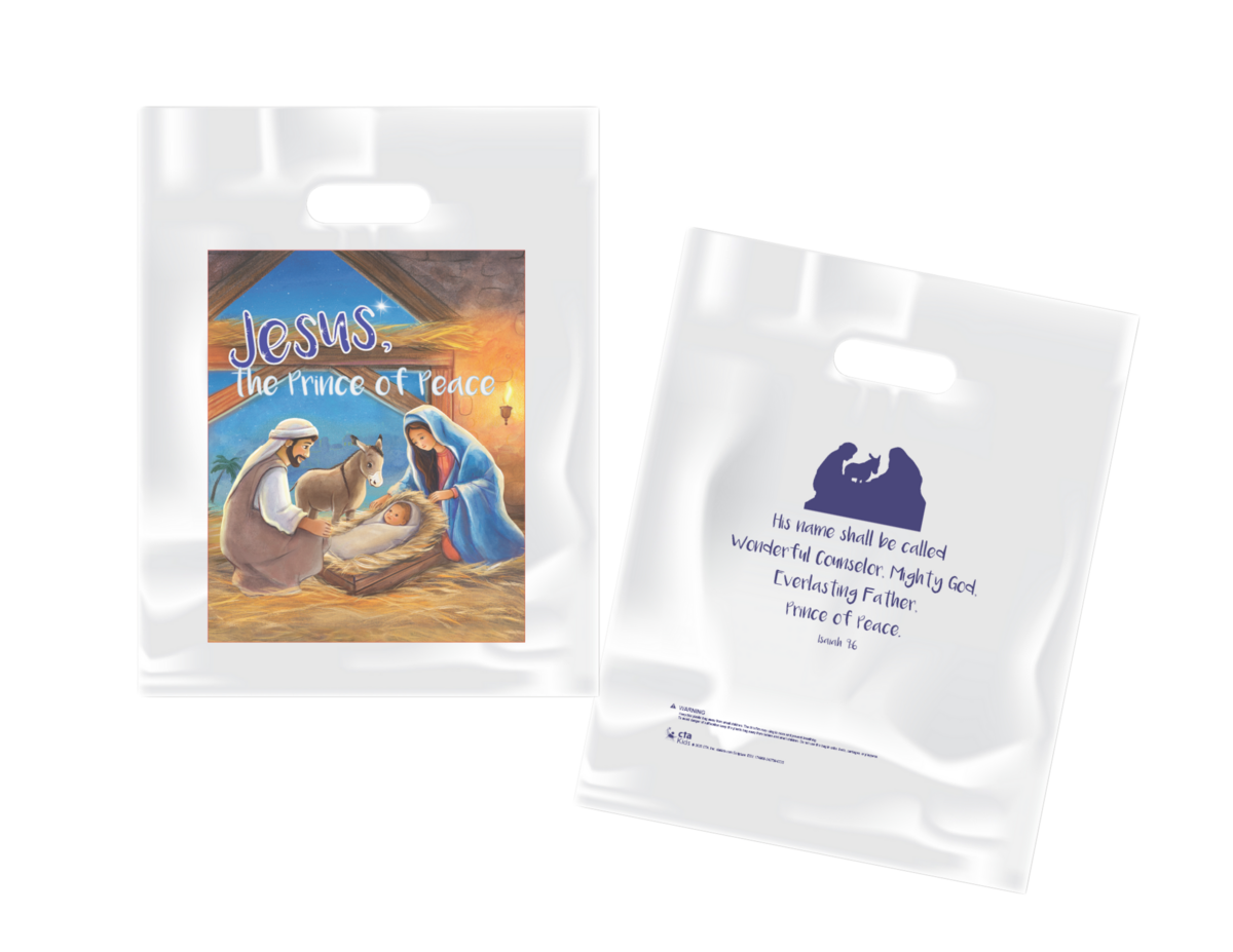 Christmas goodie bags for children ages 3+, perfect for sharing treats and the message of Christmas. Features Isaiah 9:6 ESV and comes with safety warning for small children.
615122-17496-8