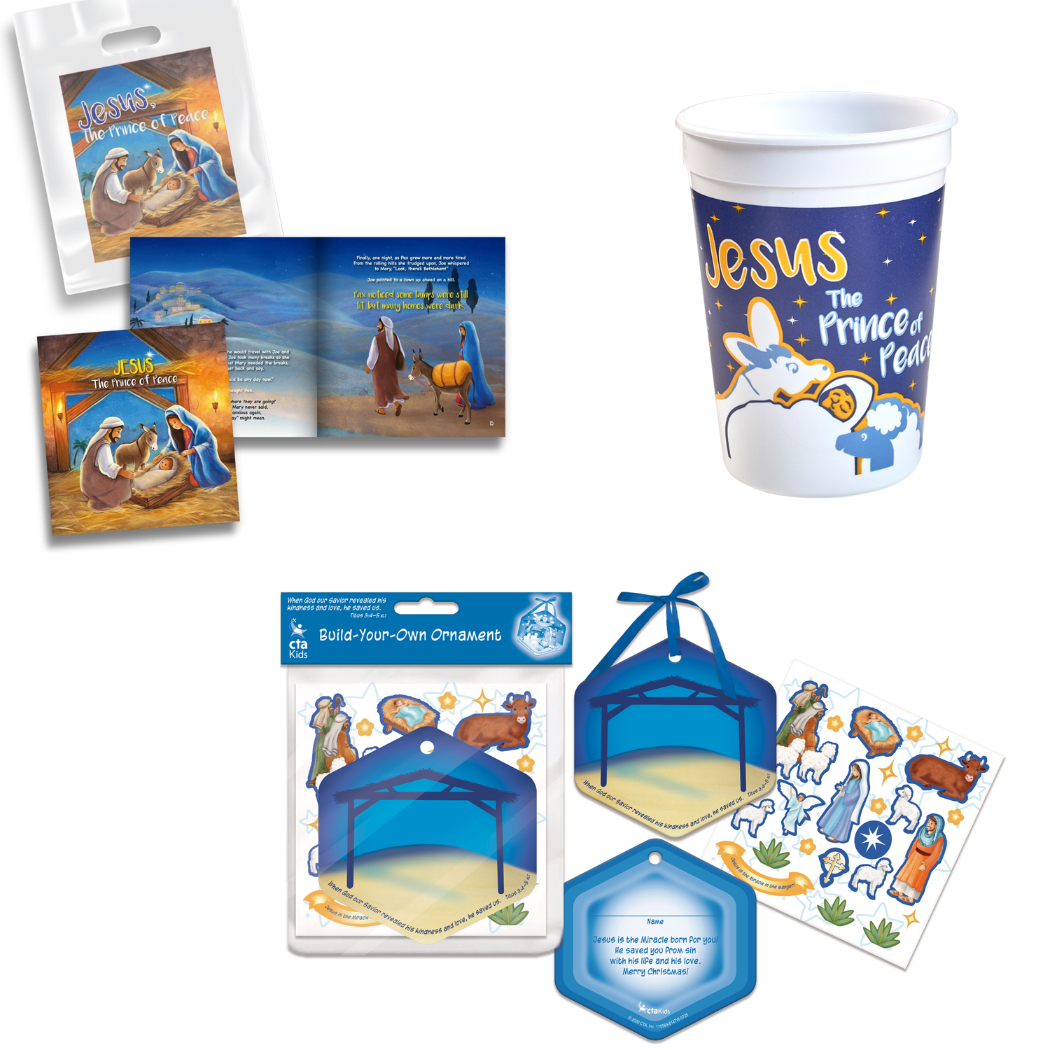 4-piece Christmas set for kids, including a 24-page 8½" x 8" storybook, 12oz BPA-free tumbler, nativity ornament craft kit, and goodie bag—perfect for events, parties, or Sunday school.
615122-17551-4