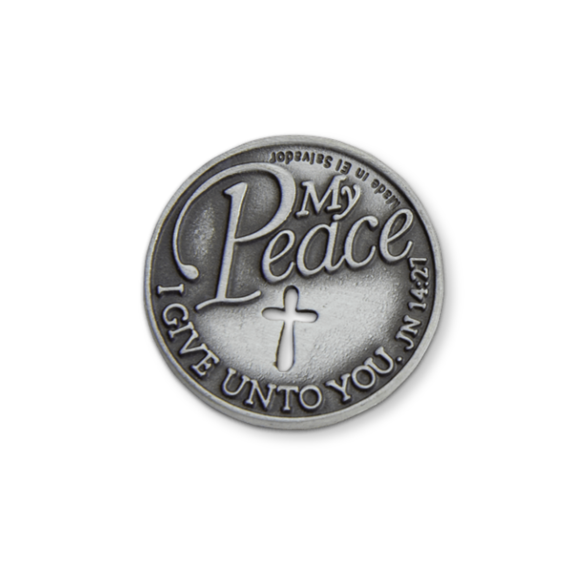 A round silver-toned metal pin or badge featuring the words 'My Peace' in raised script, a central cross, and the phrase 'I GIVE UNTO YOU, JN 14:23' around the edge, shown on a plain white background.