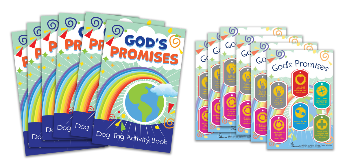 God's Promises Activity Book & Stickers Kit – Includes six 5-1/4" x 8-1/4" activity books and a set of 6 coordinating Truth Tag stickers to help kids explore God’s promises through fun activities and family engagement.
615122-17147-9 by CTA Christ to All & CTAKids.