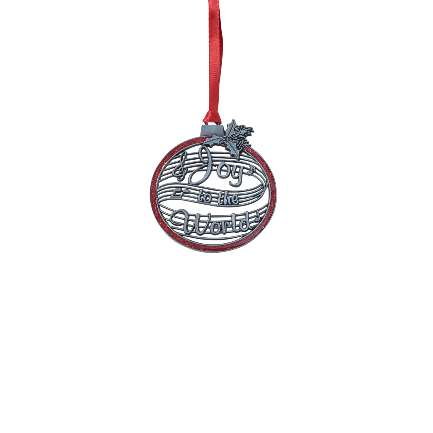 Decorative Christmas ornament with musical notes and 'Joy to the World' text on a white background.
