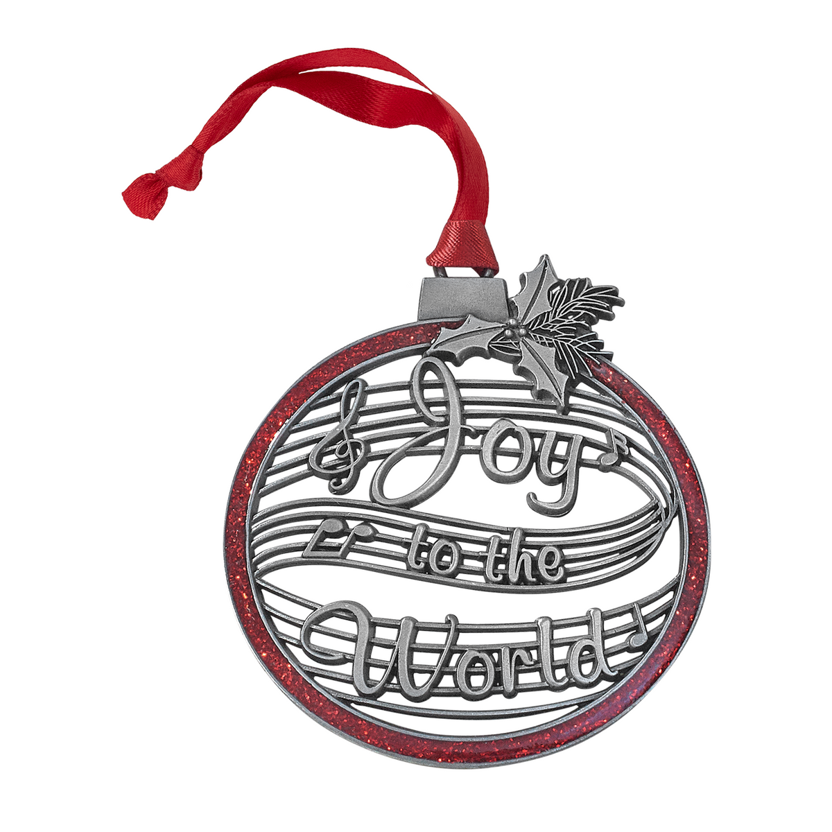 Ornaments of Faith® - KJV - Joy to the World. Pewter-finish Christmas ornament and red ribbon on a white background