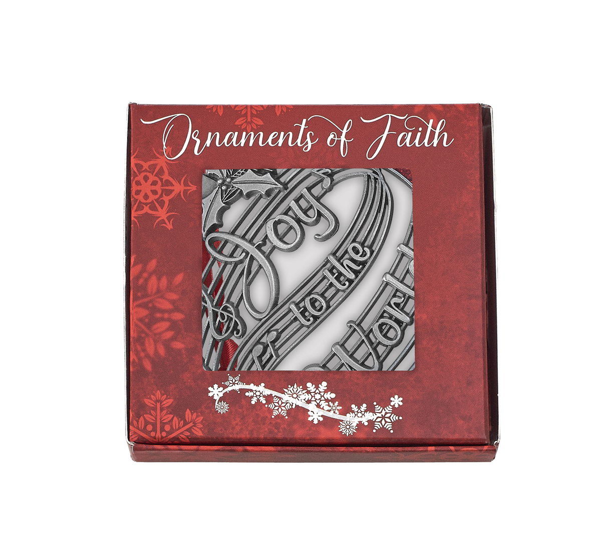 Decorative box with 'Ornaments of Faith' text and a Christmas-themed design.