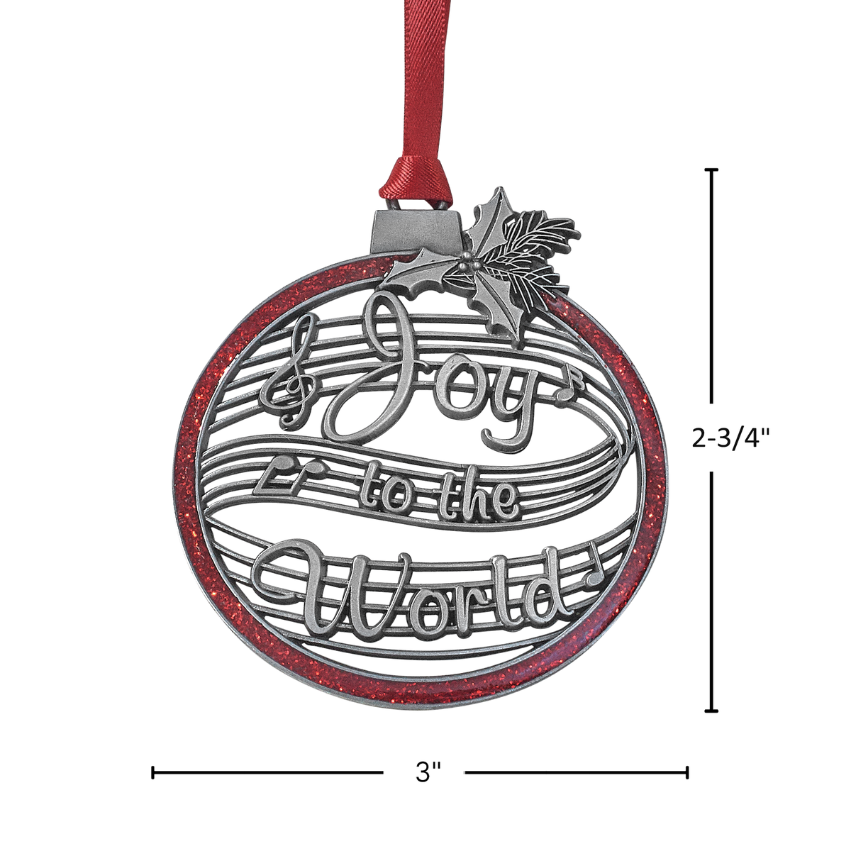 Ornaments of Faith® - KJV - Joy to the World. Pewter-finish Christmas ornament and red ribbon on a white background