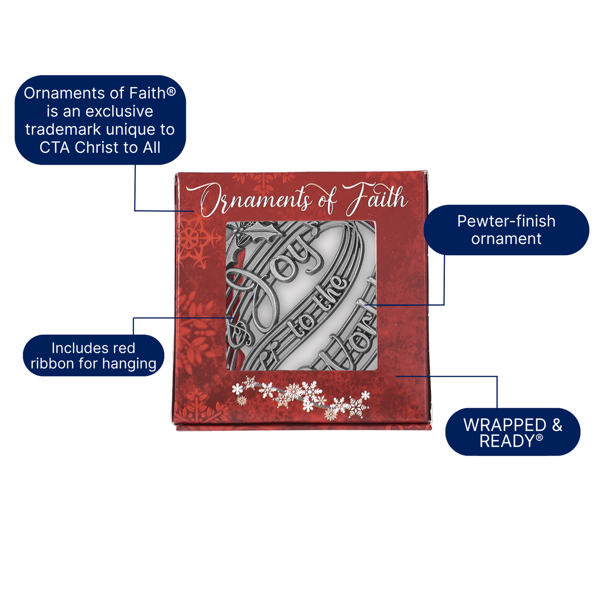 Decorative box with 'Ornaments of Faith' text and a Christmas-themed design. Pewter-finish Christmas ornament.