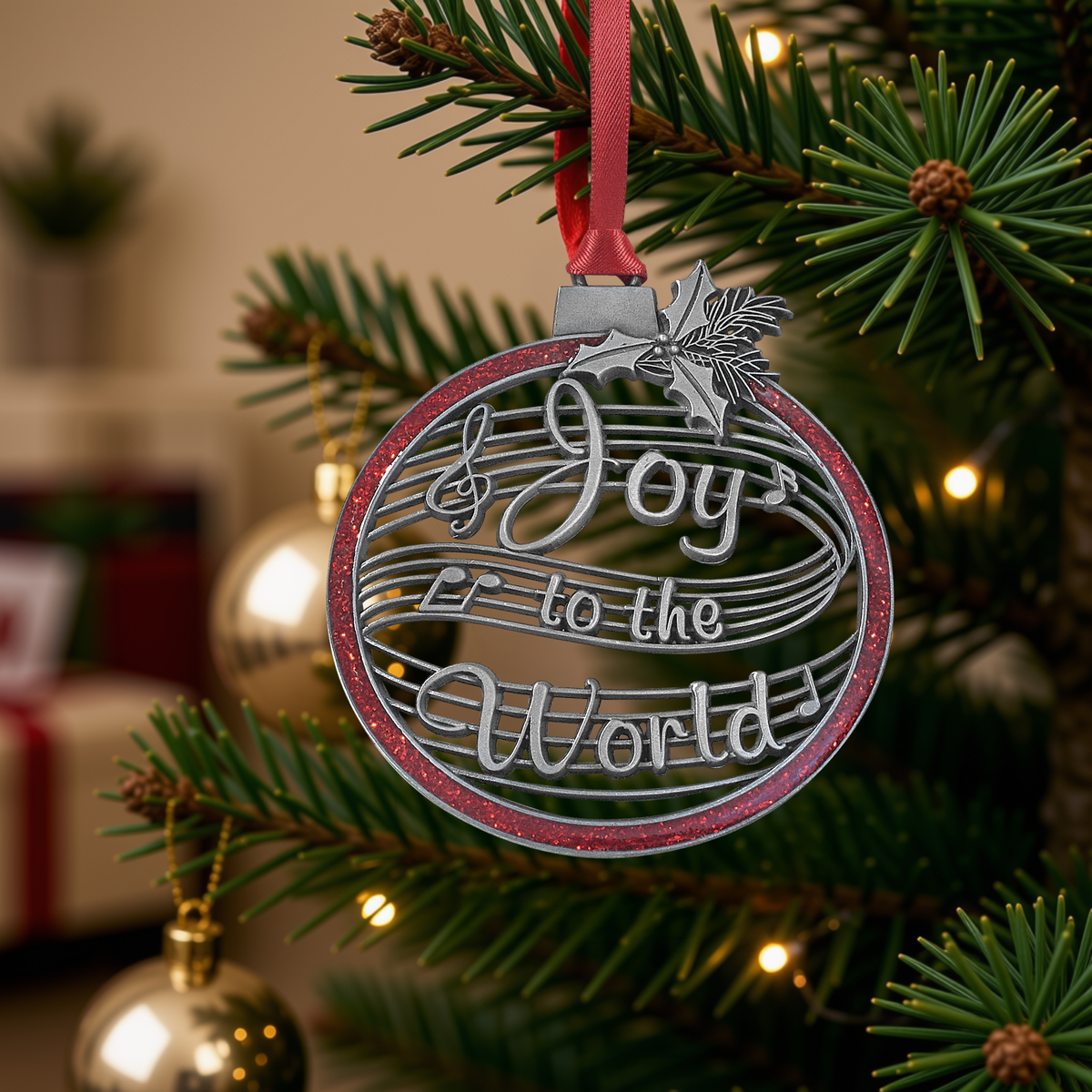 Ornaments of Faith® - KJV - Joy to the World. Pewter-finish Christmas ornament.