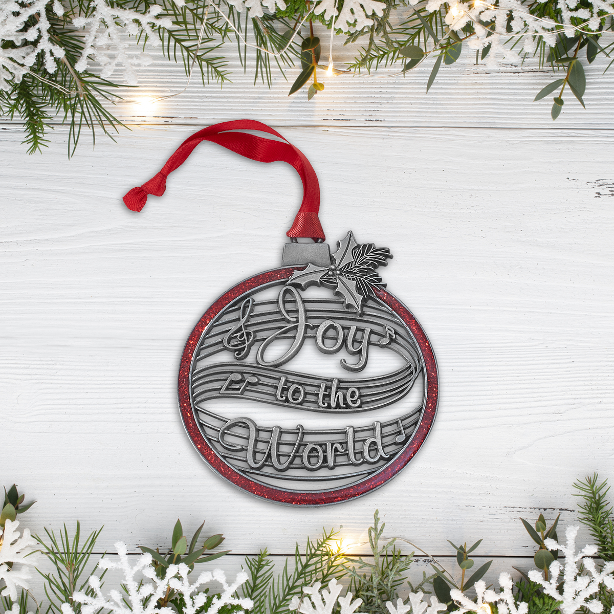 Ornaments of Faith® - KJV - Joy to the World. Pewter-finish Christmas ornament.