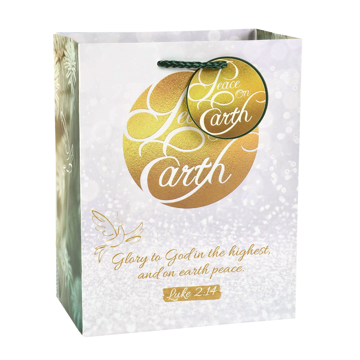A white and silver glitter gift bag with a gold foil 'Place on Earth' circular design and a green rope handle, featuring the biblical quote Luke 2:14 on the front by CTA Christ to All & CTA Gifts.
