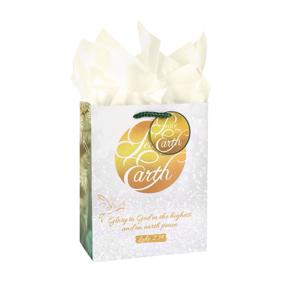 A decorative gift bag with white tissue paper peeking out from the top. The front of the bag is white with a large gold and orange circular graphic reading 'Give an Earth' and gold script text below by CTA Christ to All and CTA Gifts.