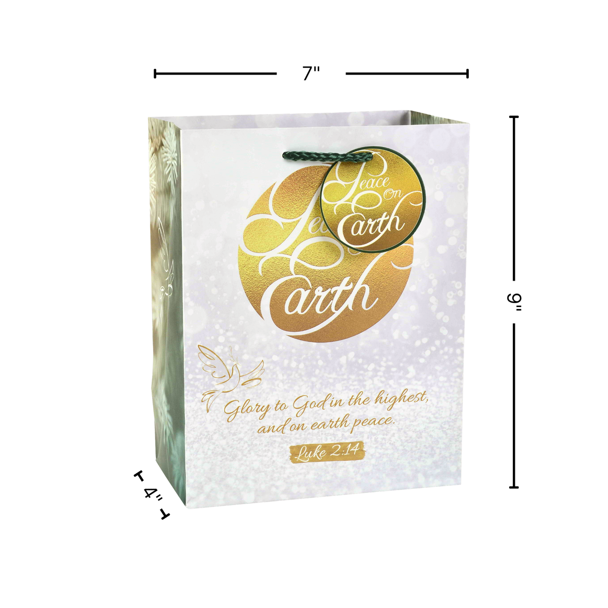 A 7x6x4 inch paper gift bag with a white glittery background, featuring a gold circular 'Face the Earth' graphic and a Bible verse from Philippians 4:13. The bag is shown with dimension lines indicating its measurements by CTA Christ to All and CTA Gifts.